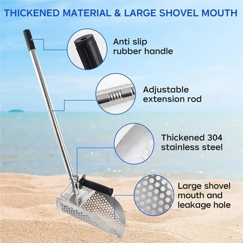 AS96-Large Sand Scoop With Long Handle Stainless Steel Heavy Duty Metal Detecting Sand Scoop For Beach Underwater Treasure Hunti