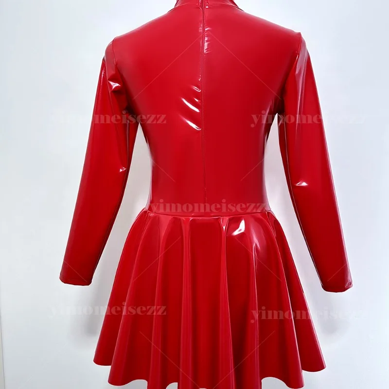 Aangepaste jumpsuit Latin prestatie-outfit Gespiegelde vierzijdige elastische latex + gekleurde verf Hoge hals jurk met lange mouwen 53