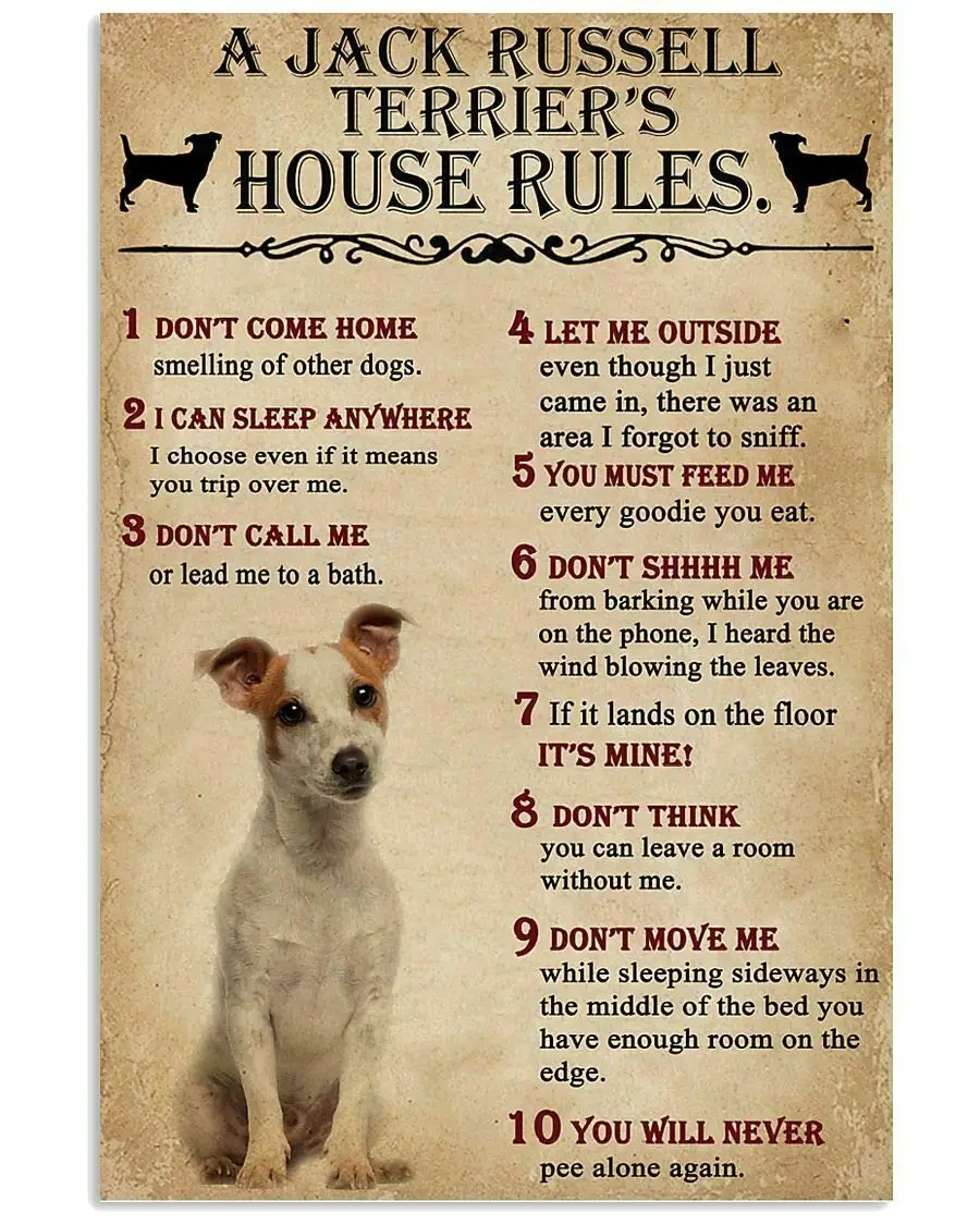 Retro A Jack Russell Terrier;S ??House Rules Tin Sign For Bar Cafe Clubation Plaque Art Metal Sign Retro Vintage Tin Sign Metal