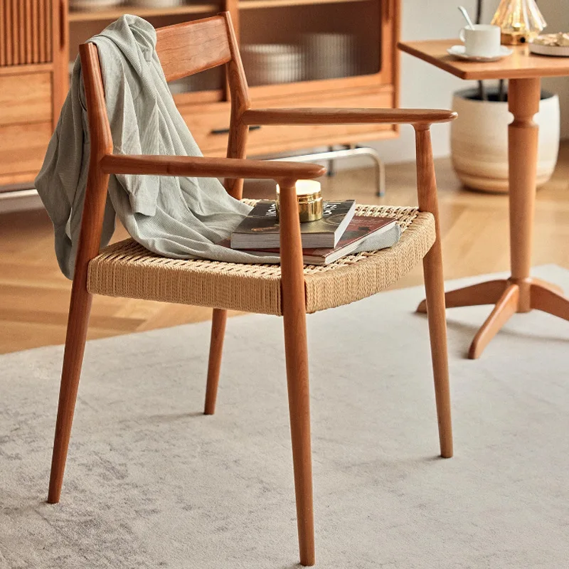 Medieval style solid wood paddle chair rope weaving back chair retro simple armchair wabi sandy wind casual rope weaving chair
