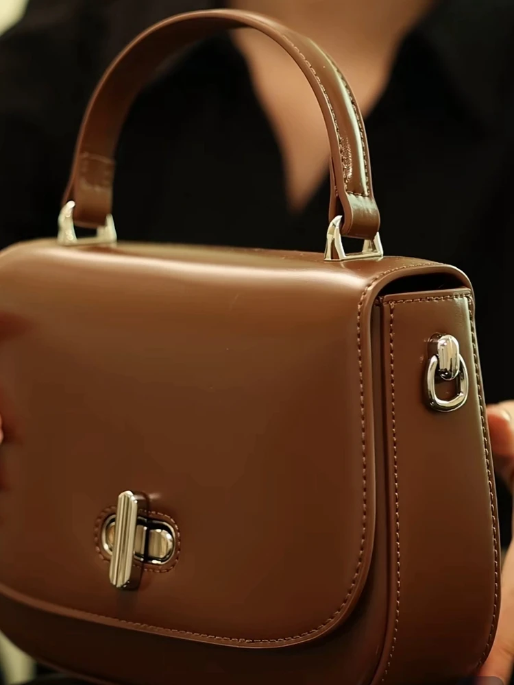 Brown Fashion Simple Unique Box Bag Women Genuine Leather Bag\Handbag Real Leather Lady Shoulder Crossbody Bag Cute Bag Small