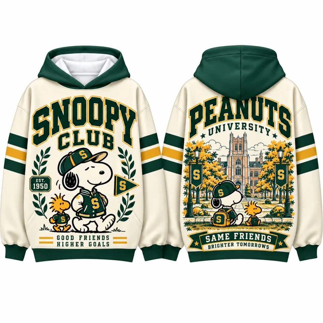 Snoopy Peanuts Hoodie Men Women Vintage University Campus Hooded Sweatshirt Striped Sleeve Kangaroo Pocket Loose Streetwear