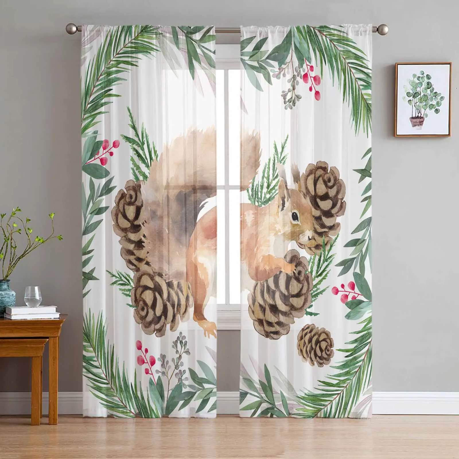 

Christmas Plants Pine Needles Pinecone Squirrels Tulle Curtains for Living Room Bedroom Sheer Voile Drapes Modern Curtains