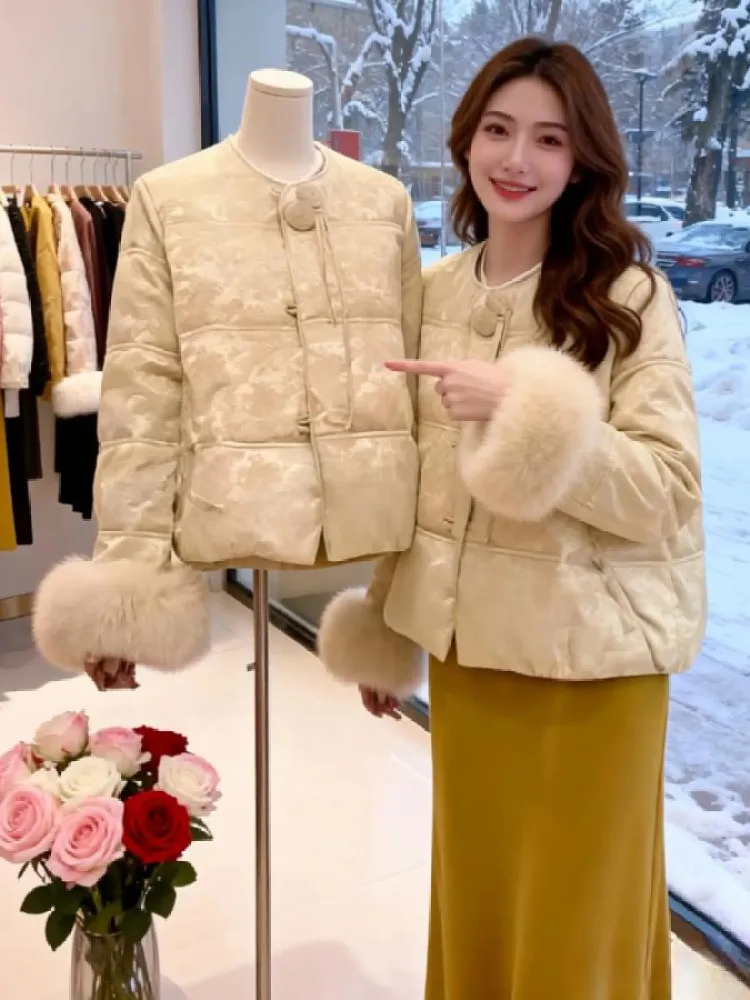 

Faionable Plu Splicing Cotton Jaet Women's Ele Warmth ort Outerwear Yellowi White Winter New Arrival Korean Sle
