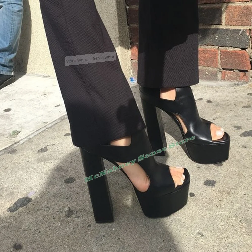 

Сандалии на платформе с вырезами, однотонные кожаные сандалии на массивном высоком каблуке с молнией, женская сексуальная обувь, летняя вечеринка, повседневный дизайнер, большой размер