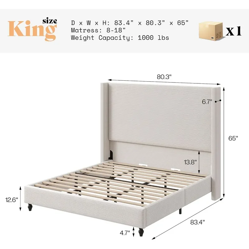 King Upholstered Bed Frame with 65 Headboard Wingback Cream