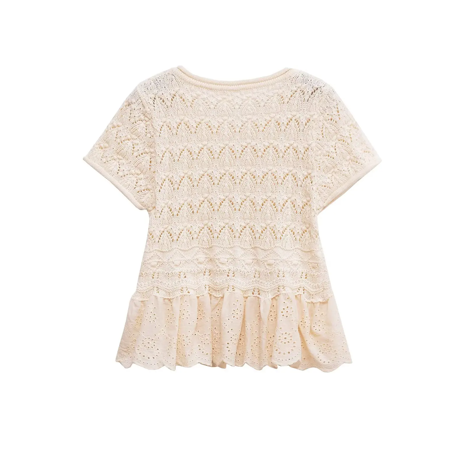 2025年夏新作 レディース カジュアル 可愛い 多機能 刺繍 切り替え フックフラワー 透かし編み ラウンドネック トップス