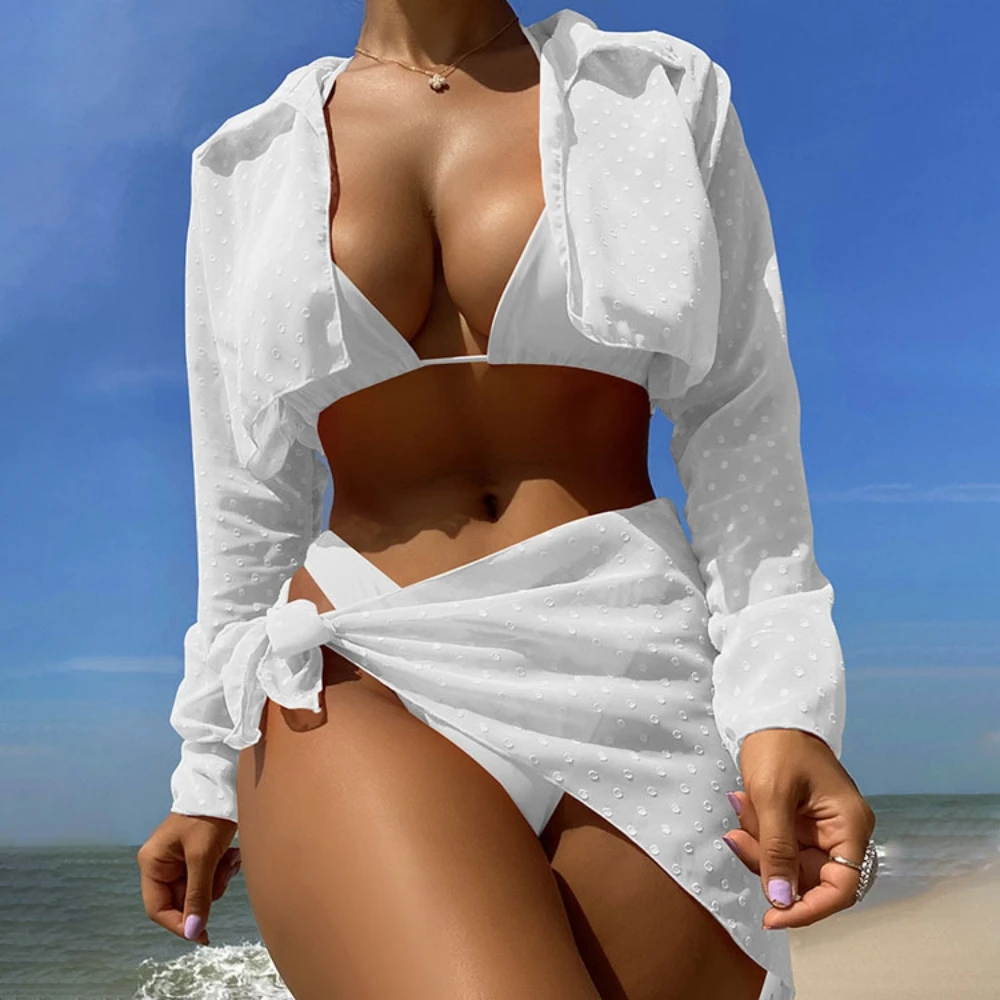 

Летний отдых, комплект бикини из 4 предметов, 2025 г., женский сексуальный белый купальник с длинными рукавами и юбкой, пляжный купальный костюм, купальный костюм для бассейна