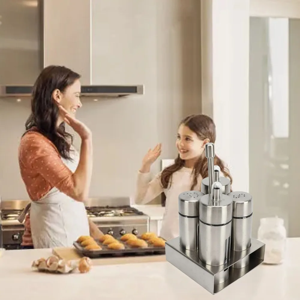 Set of 4 304 Stainless Steel Seasoning Bottle Set Removable Refillable Oil Vinegar Dispensers Large Capacity with Base Stand