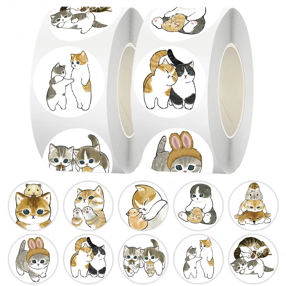 500 uds/rollo de pegatinas de sellado de dibujos animados de animales y gatos bonitos y divertidos, pegatinas de PVC para ordenador portátil, decoración, juguete de regalo de recompensa