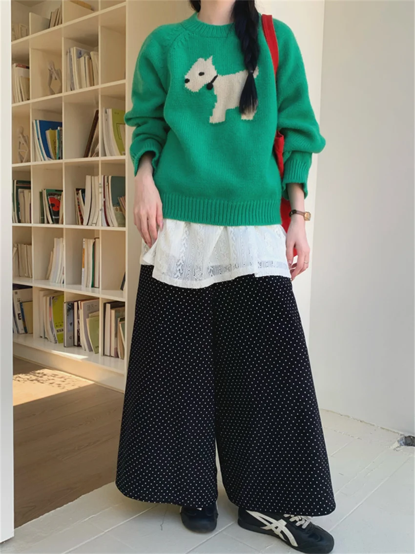 Alien Kitty Corduroy Straight Trousers Women Polka Dot Casual Knitted Sweaters Sweet Skirt Over Pants 2025 Daily New Slim Spring