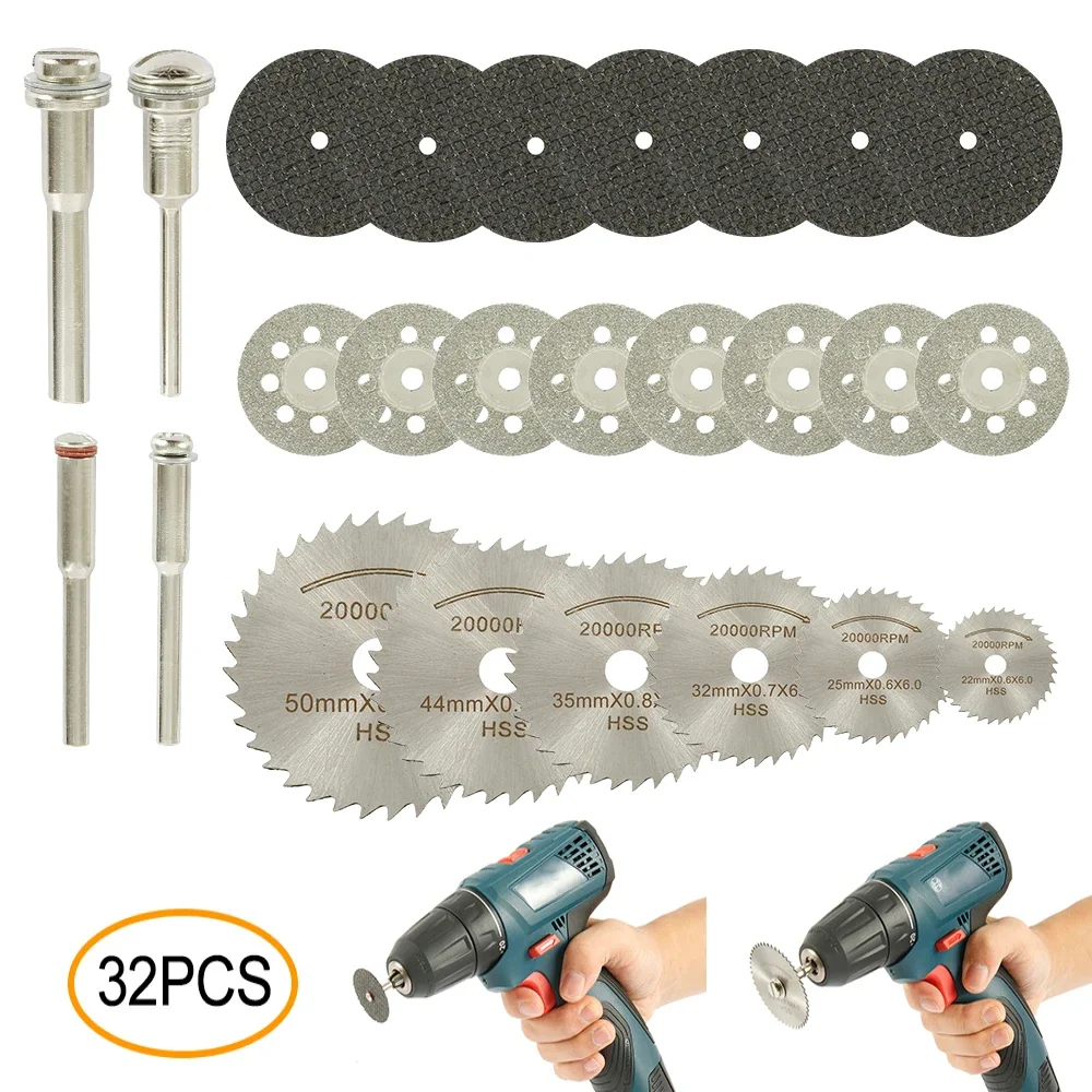 Jeu de Mini lames de scie circulaire 32 pièces/ensemble, meule de ponçage, disque de coupe, outils rotatifs de coupe du métal pour accessoires Dremel