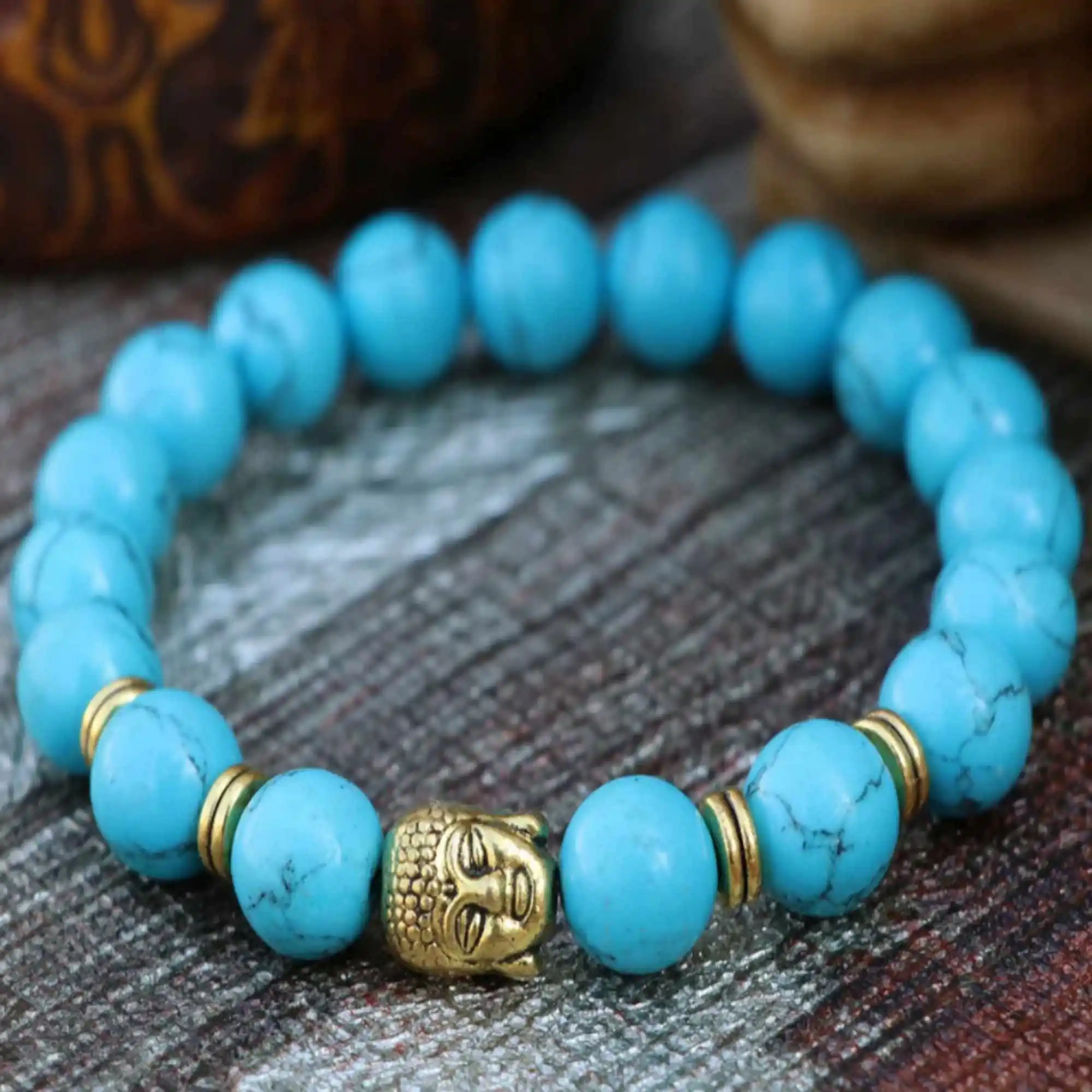 10mm Natural Turquoise Buddha head gemstone beads Bracelet Bohemia Cuff Restore Mental Wristband Taseel Jasper Pray Prayer