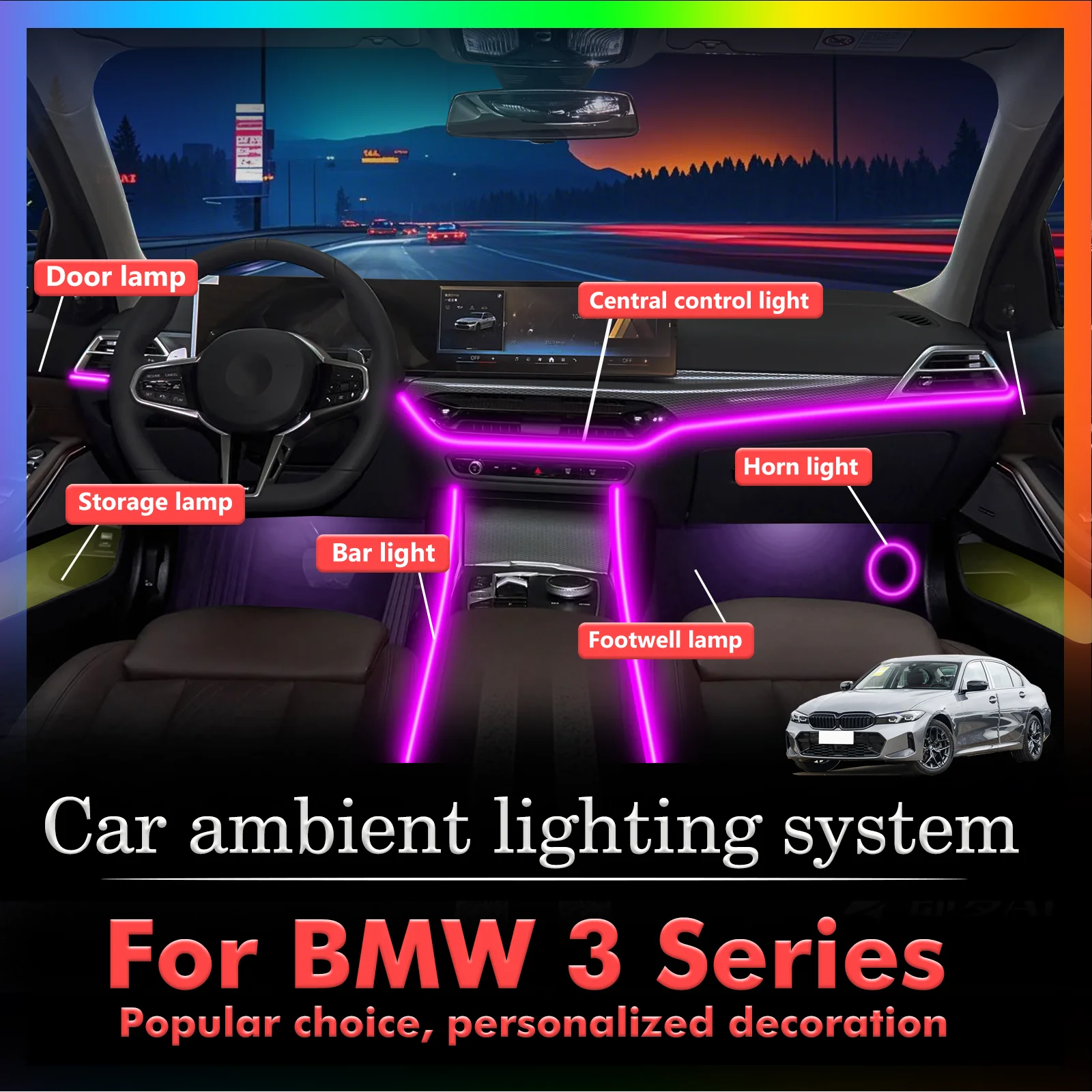 10 In1 For BMW E90 E91 E92 E93 F30 F31 F34  F35 F80 G20 G21 G28 G80G81 Car Interior Ambient Lamps 64 Colorful Atmosphere Lights