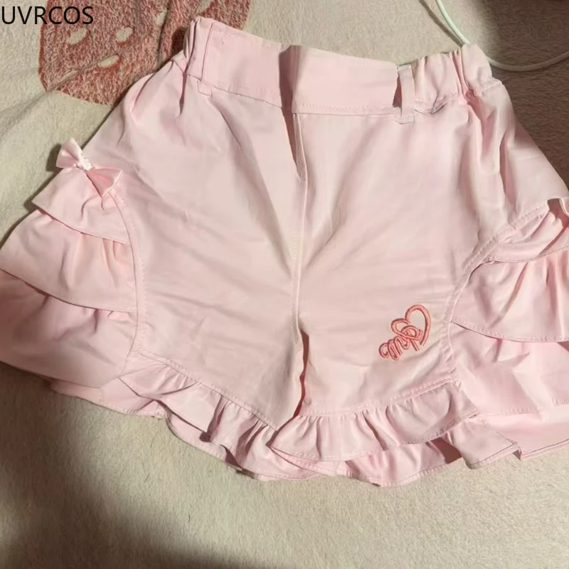 Pink Sweet Lolita Style Shorts Women Summer Kawaii Elastic Waist Ruffles Bow Short Pants Girl Japanese Y2k Aesthetic Cute Shorts