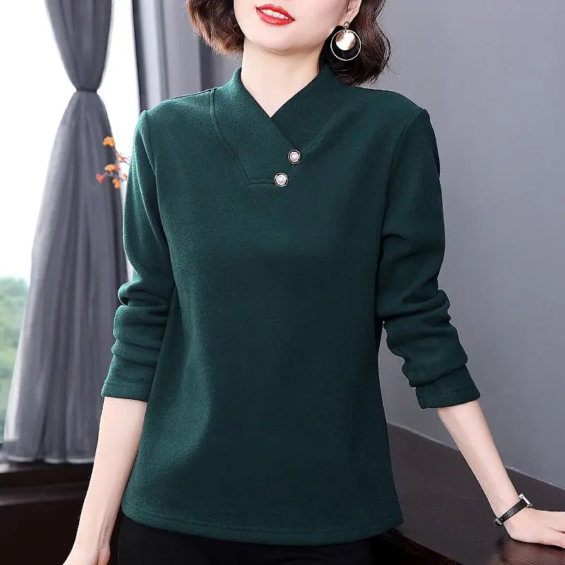 Solid Color V-neck Thick Bottom Women\'s Autumn Winter 2023 New Fashion Commute Long Sleeved Patchwork Button Slim Pullover Tops