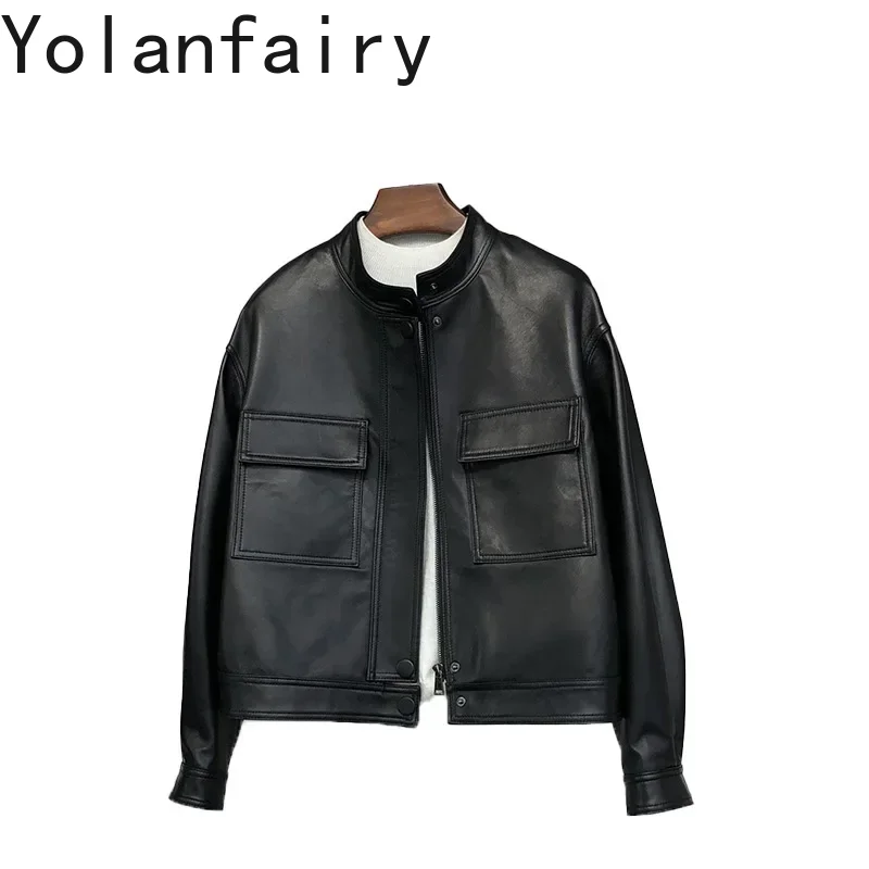 YOLANFAIRY Spring Fall Sheepskin Coat Women Genuine Leather Clothing Women's Short Fashion Stand Neck Jackets Veste Femme FCY474