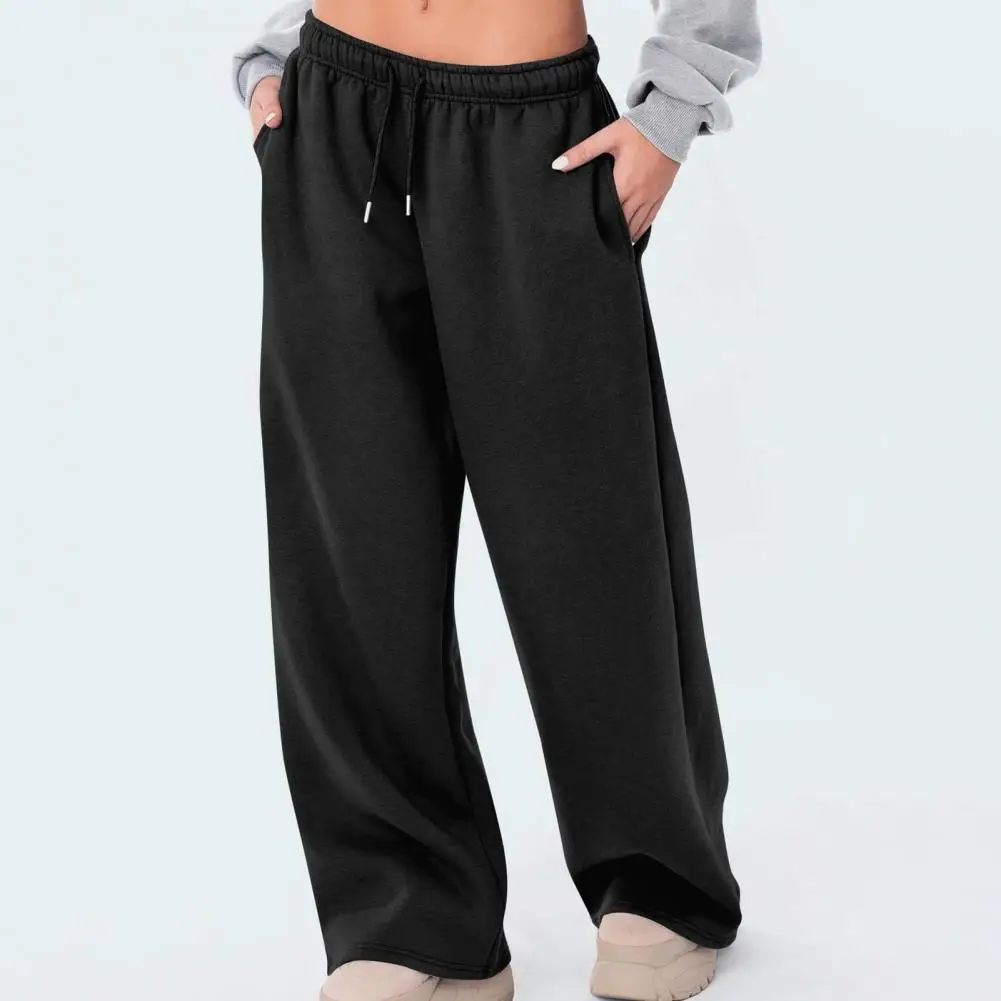 Wide-leg Trousers Velvet Lined Wide Leg Sport Pants with Adjustable Drawstring Waist for Women Stylish Autumn Winter Trousers