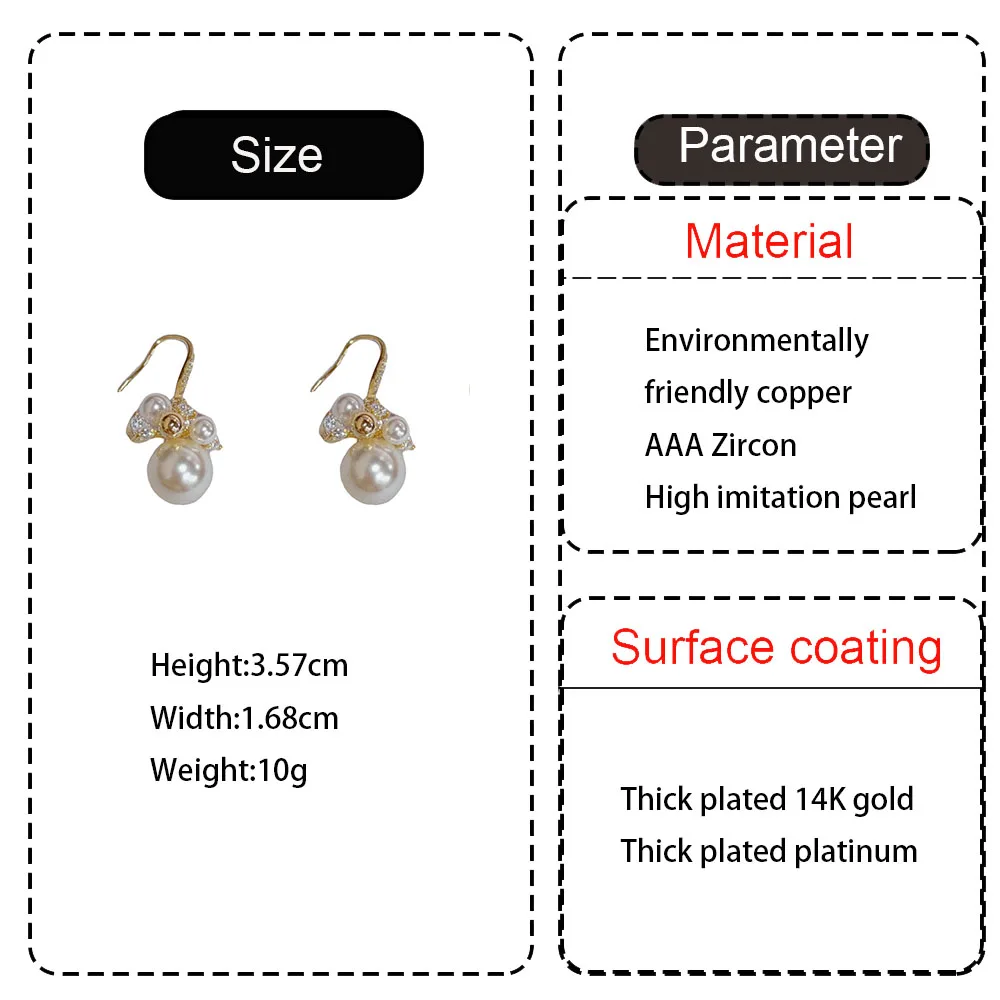 New Korean Version Light Luxury 14K Gold plated Zircon Pearl Hook Drop Earrings For Women Wedding Cute Elegant Bohemian Jewelry