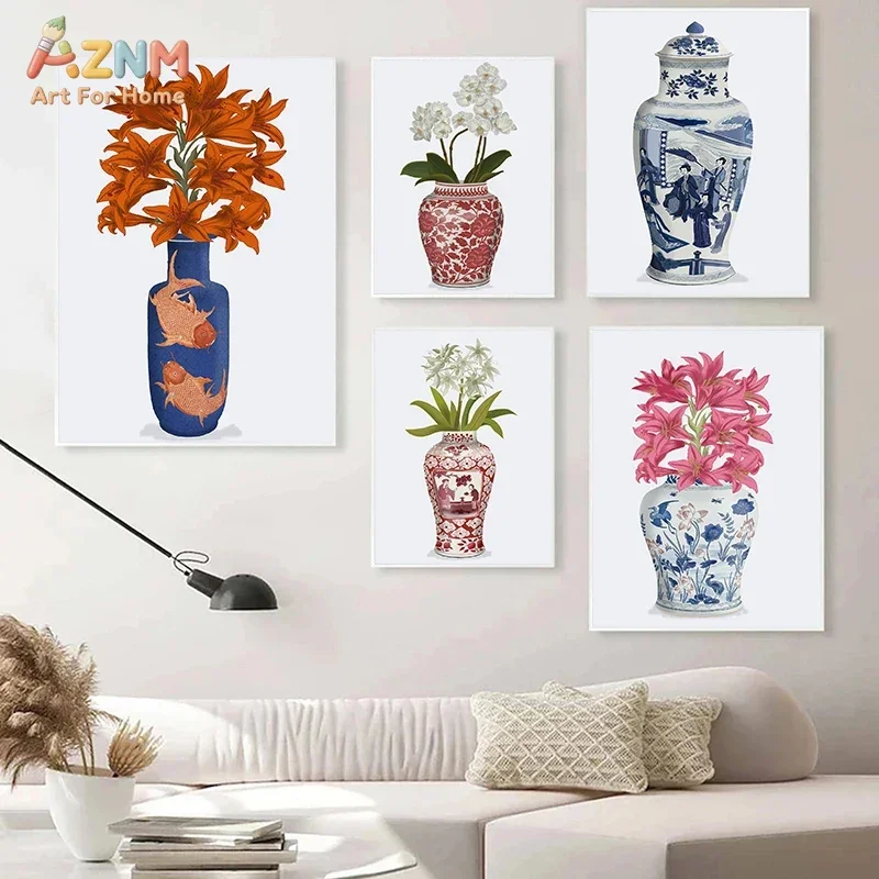 AZNM Chinoiserie Blue White Porcelain Vase Floral Canvas Poster, Frameless Oriental Botanical Wall Art For Living Room Tradition