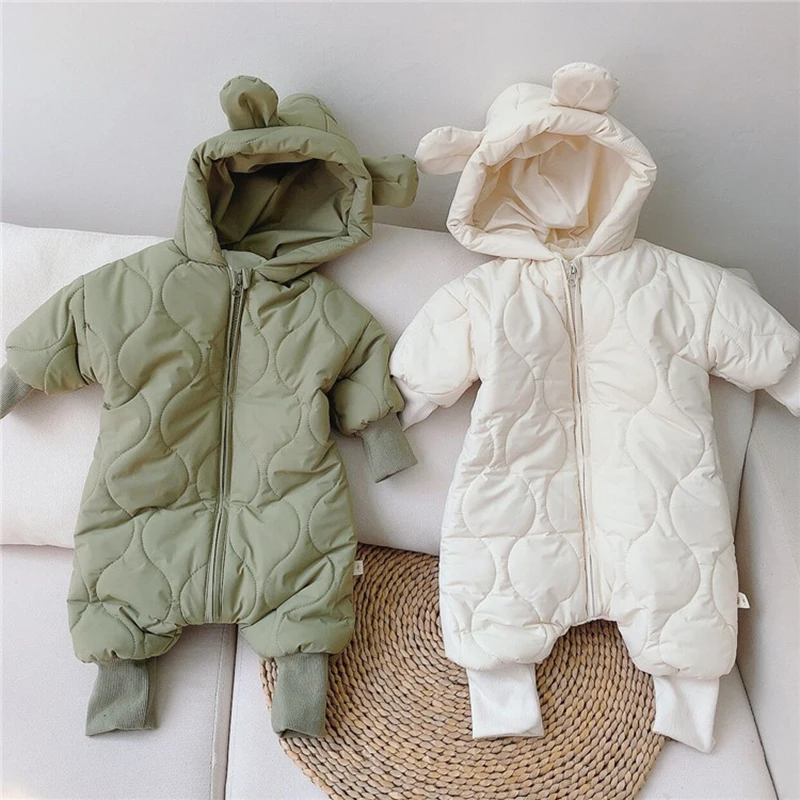 Newborn Baby Romper Winter Thicken Cotton Jumpsuit Infant Onesie Fleece Lining Hooded Rompers for Babe Boys Girls Toddler Outfit