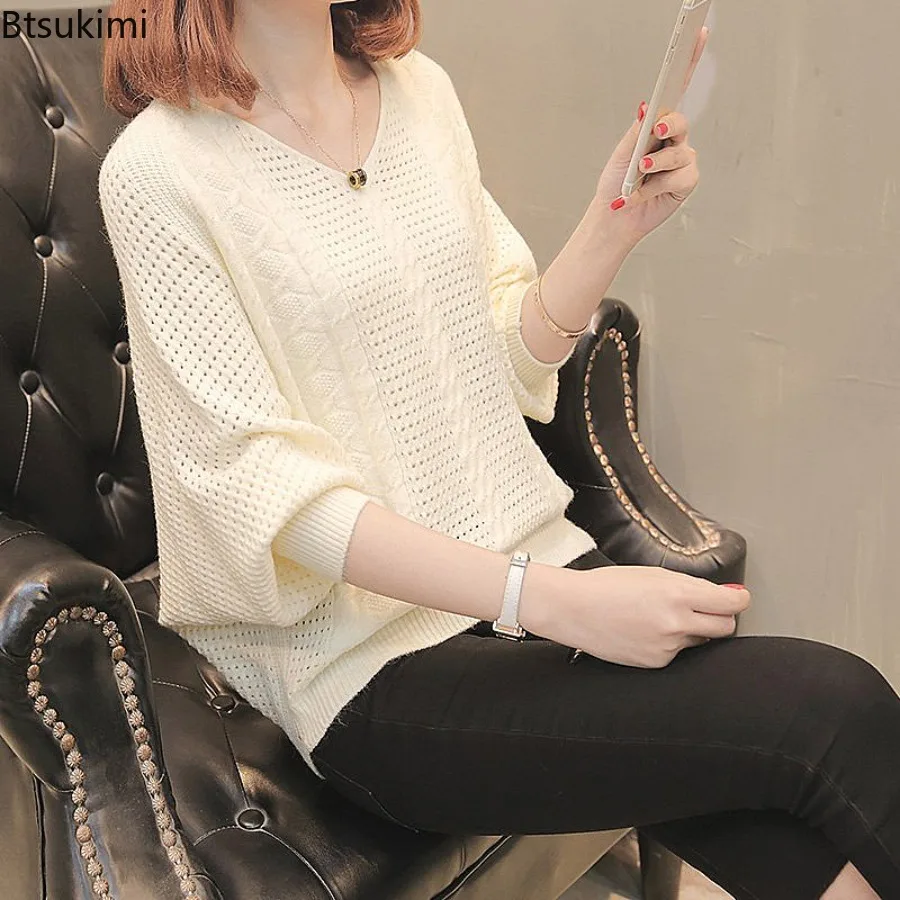 Women's Knit Bat Shirts Spring and Autumn Sweaters Korean Version Hollowed Out Lantern Sleeve Knitted Sweater Women's Pullover