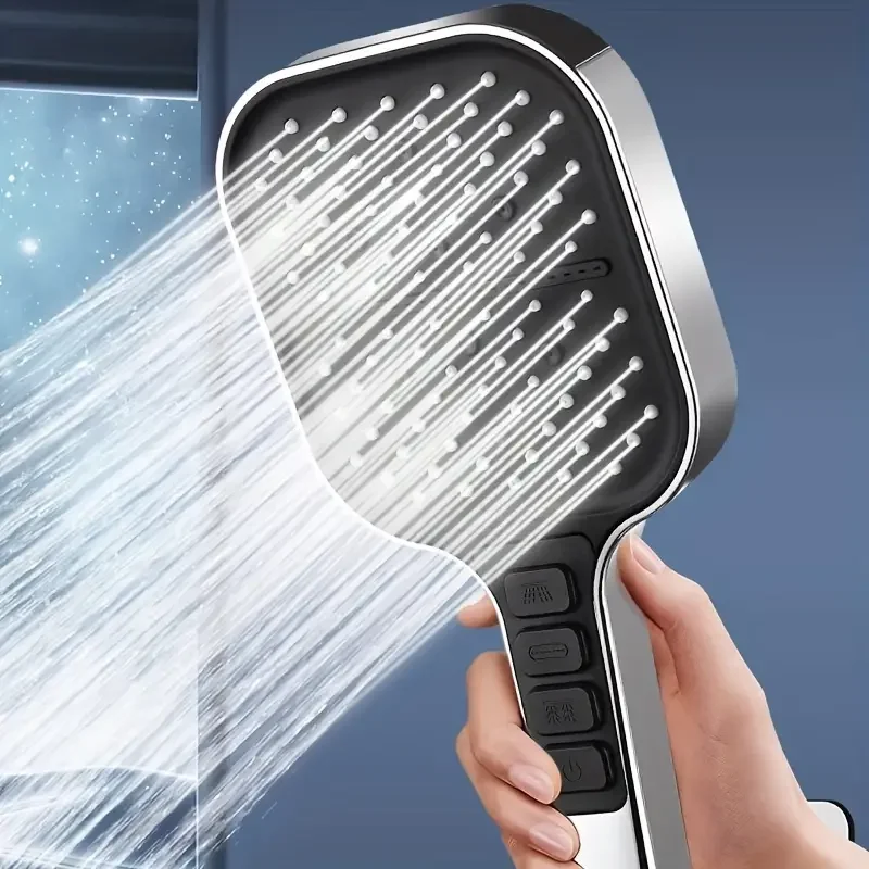 7 Setting Silver Handheld Shower Head with Pressurized Water Spray One Touch Stop Function Bathroom Accessories for Home Bath