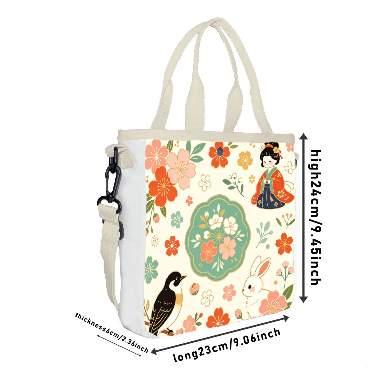 Cute Chinese Lady & Floral Tote Bag, Adjustable Strap Pastel Traditional Shoulder Bag
