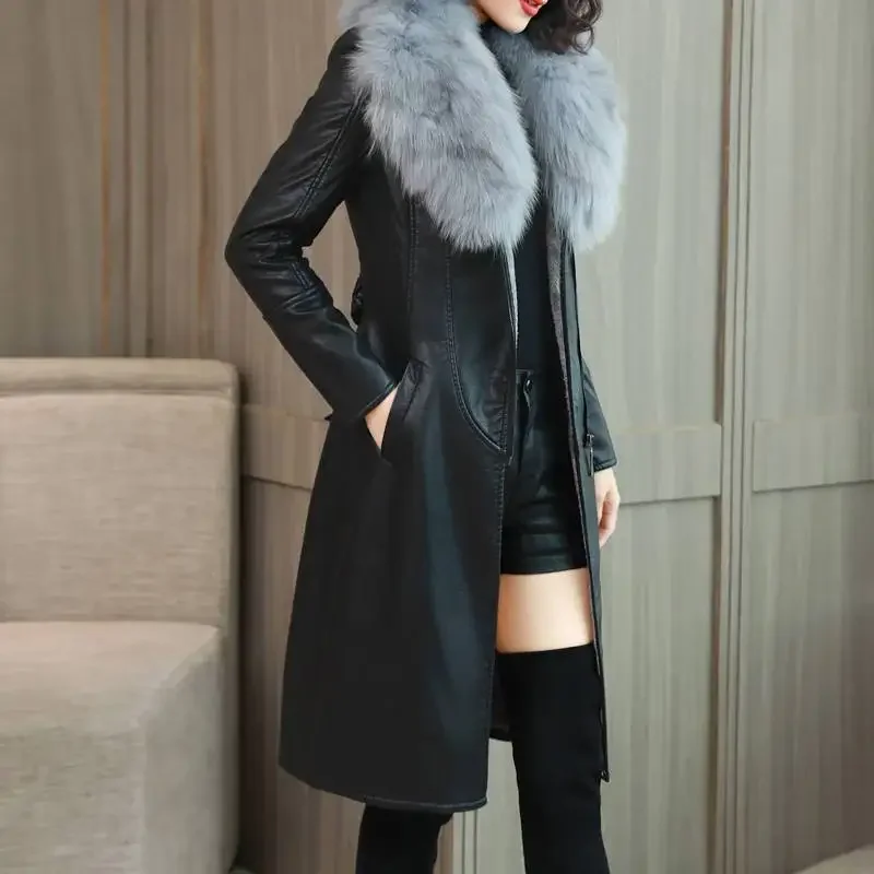 WTEMPO Large Fur Collar Winter Leather Jacket Women Plush Thickened Mid Length Korean Slimming Waist Closing Leather Jacket