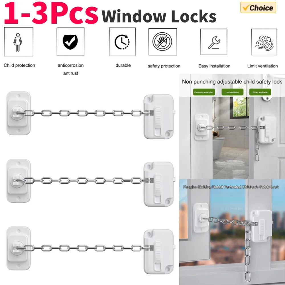 1-3Pcs Window Security Locks Self Adhesive Window Frame Safety Chain Lock No Drilling Adjustable for UPVC Wooden Sliding Window