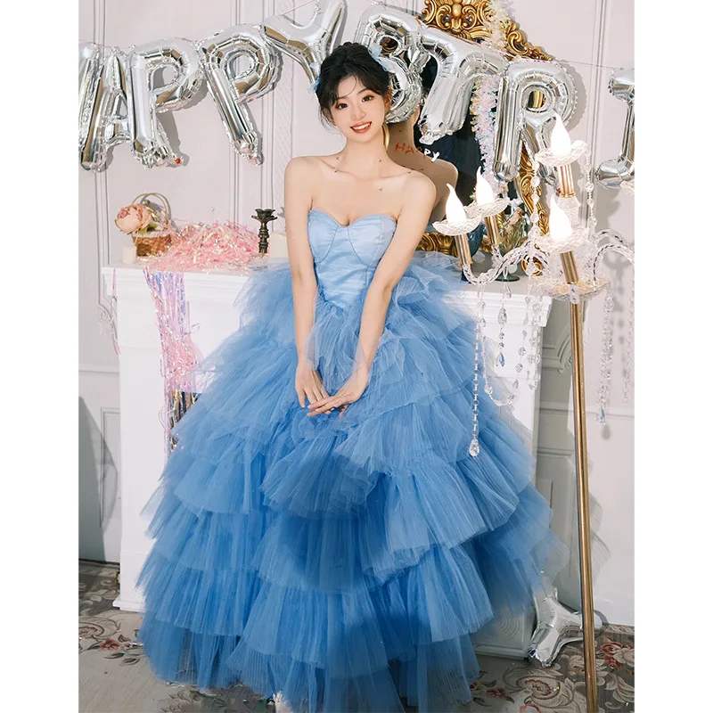 Blue Strapless Wedding Dress Sweet Princess Style Light Luxury Outdoor Party Banquet Photo Shoot Fluffy Skirt Customized