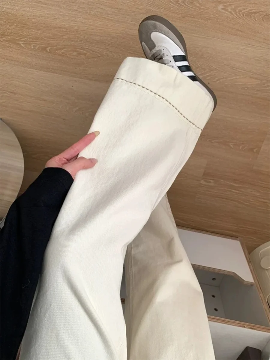 

Женские джинсы больших размеров в американском стиле, светло-бежевые, свободные, с высокой талией, для фигуры типа «груша», прямые, широкие штанины, весна-осень