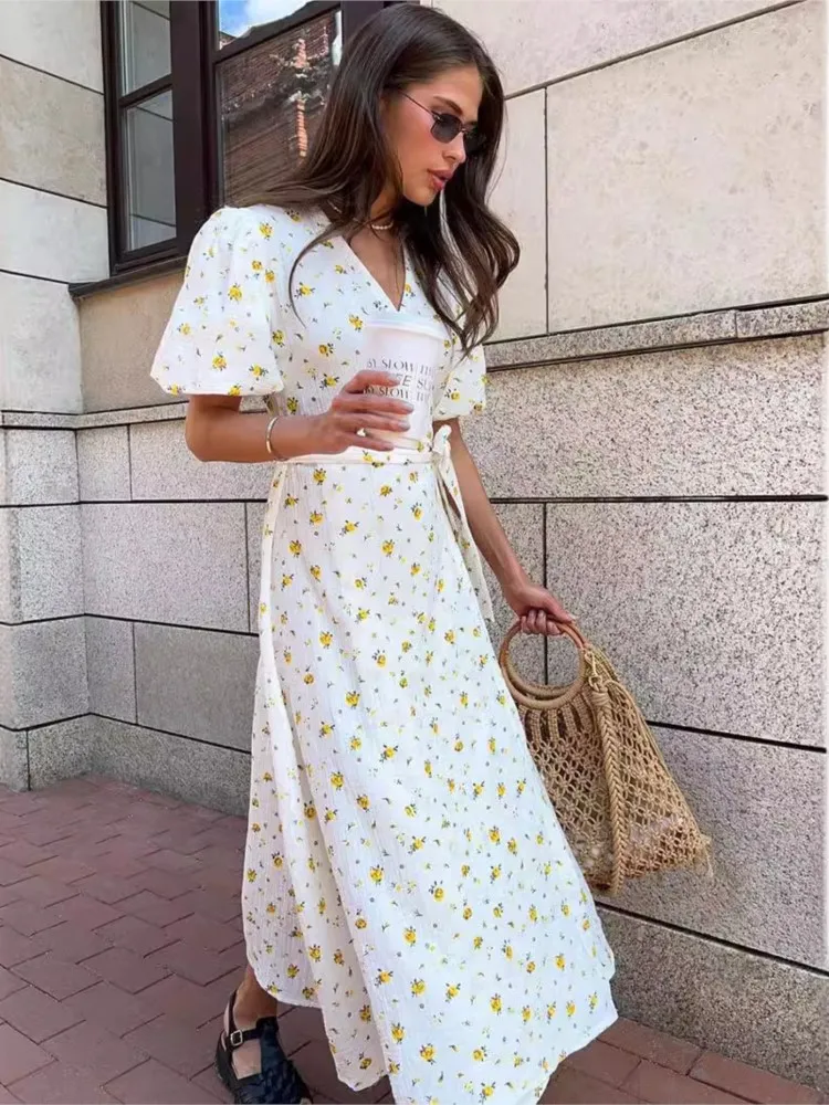 

Party Dresses For Woman Printed Evening Dress Sexy V-neck Lace-up Short Sleeves Vestidos Simple Style Contrast Elegant Fashion