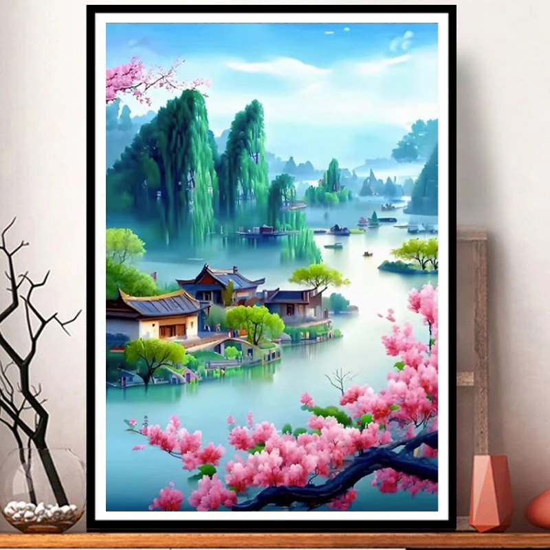 

Modern Simplified Cross Stitch Kit Mountain Water Peach Blossom Source Handmade Living Room Vertical Edition Hand Embroidery