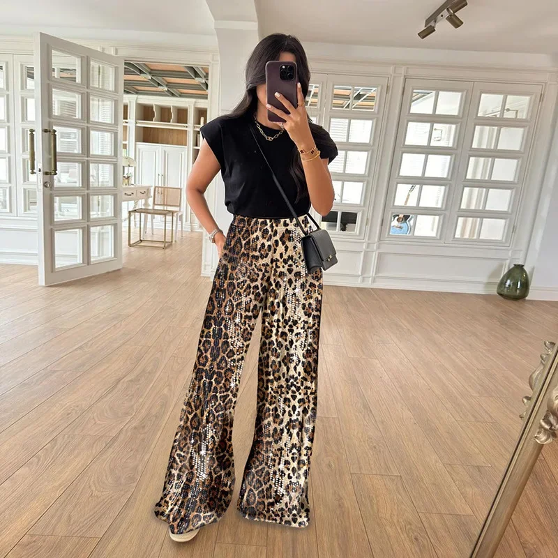 Leopard Pattern Sequin Shining High Waist Wide Leg Pants 2024 Autumn Winter New Fashion Creative Trousers Streetwear