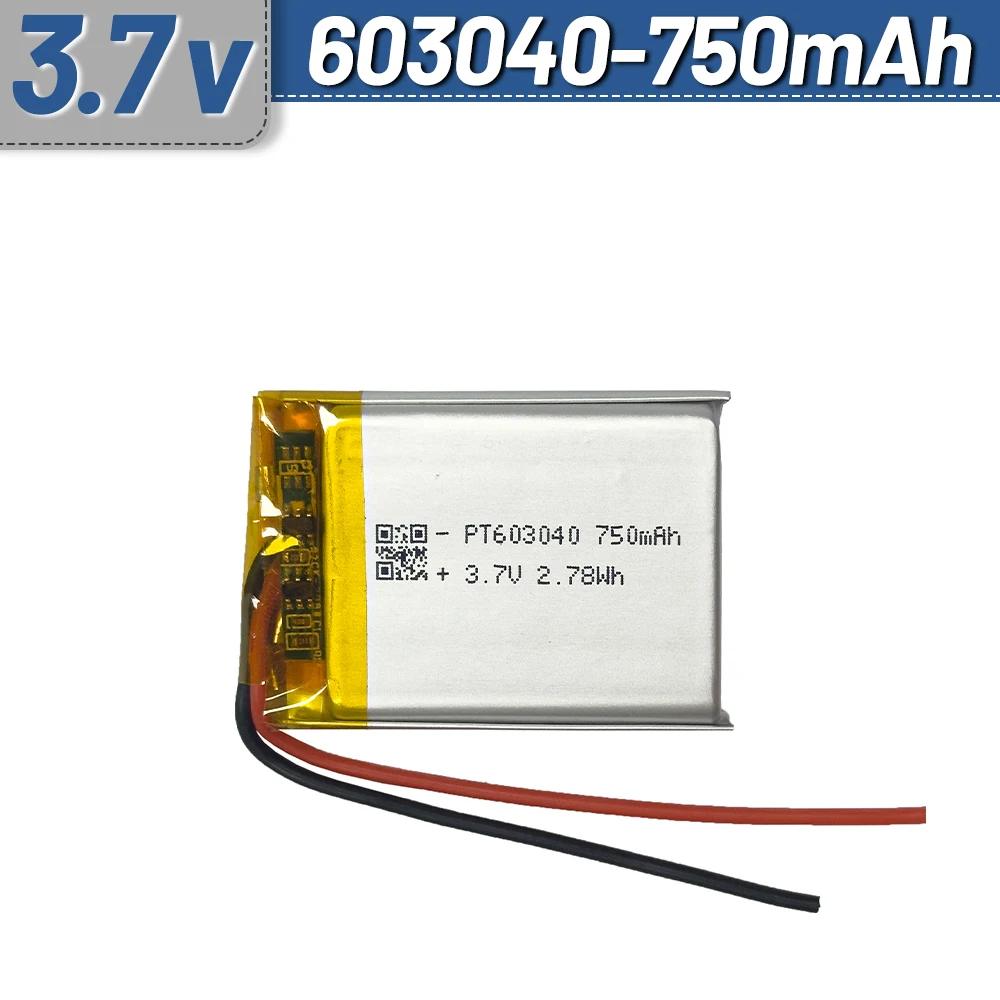 

Rechargeable polymer battery 603040 3.7V 750mAh+JST1.25/XH2.54/PH2.0 for wristbands, Bluetooth earphones, LED night light