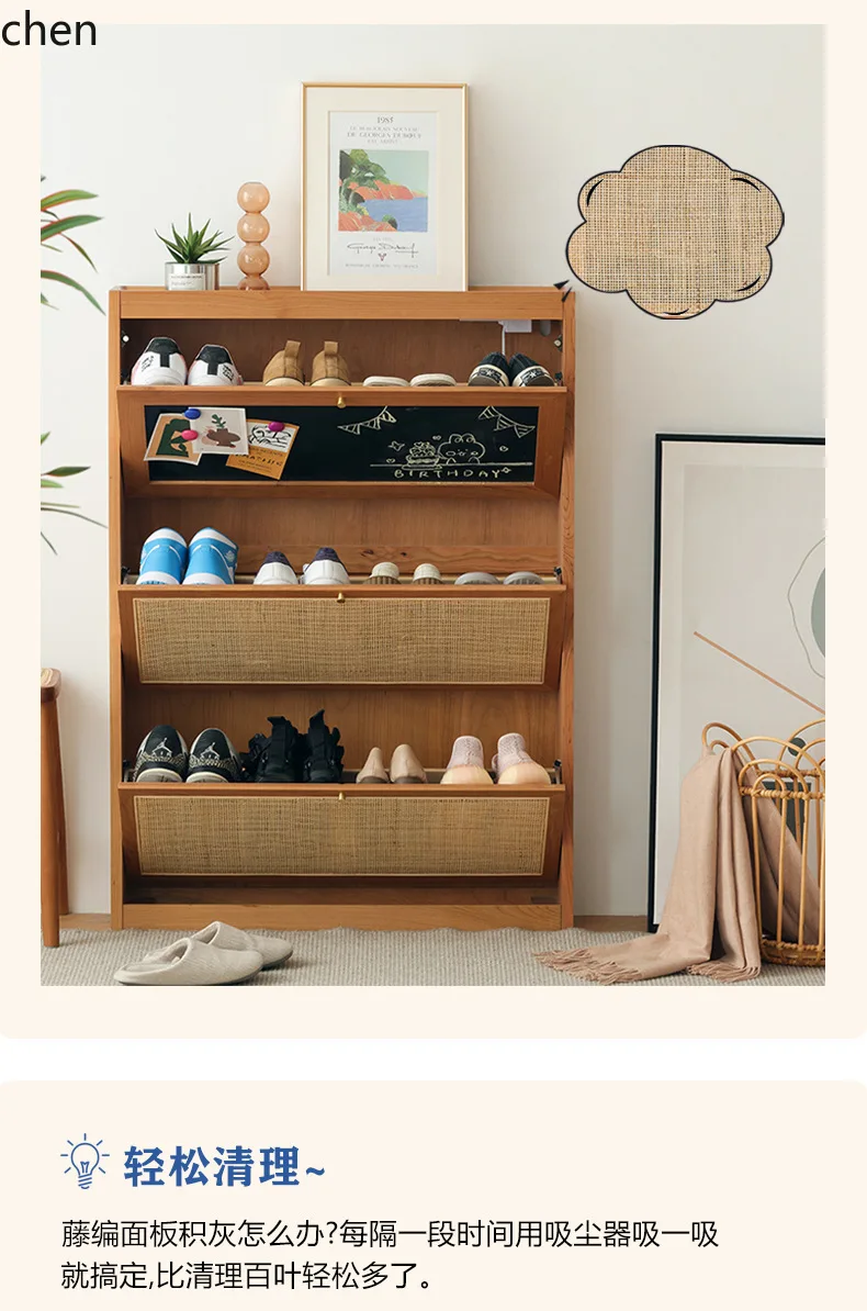 ZML Solid Wood Rattan Shoe Cabinet Breathable Home Entrance Hallway Cabinet Storage Cabinet