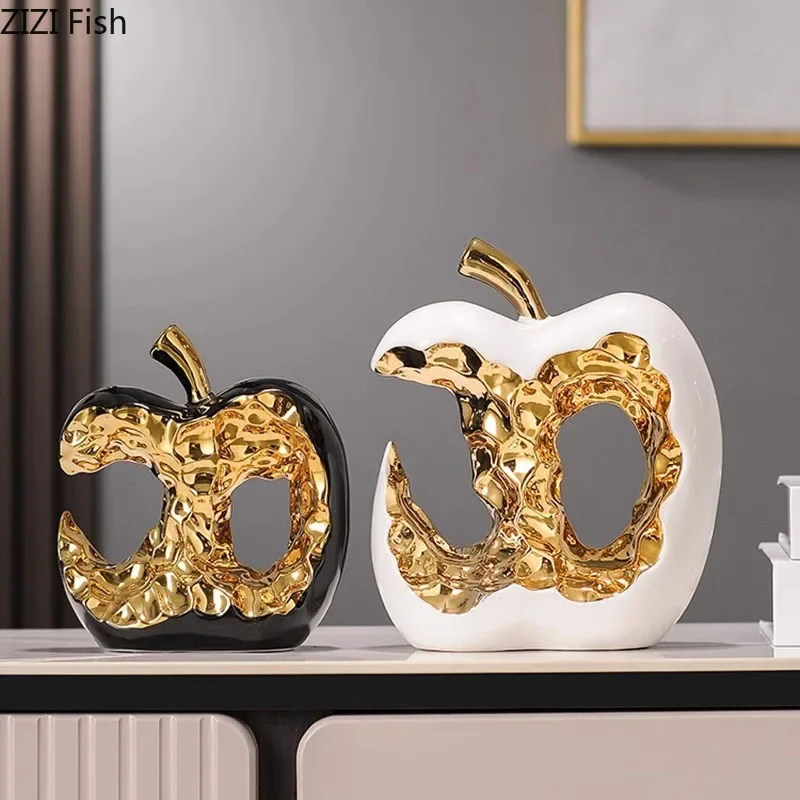 Gold-plated Apple Hollow Out Crafts Ceramic Sculpture Desk Decoration Ornaments Creative Apple Statue Room Aesthetic Decor