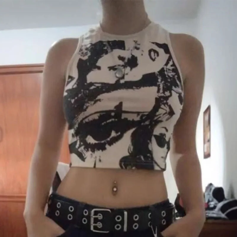 Portrait Graffiti Print Sleeveless Round Neck Retro Street Casual Versatile Women's Slim Fit Top Y2K Harajuku Gothic Short Vest