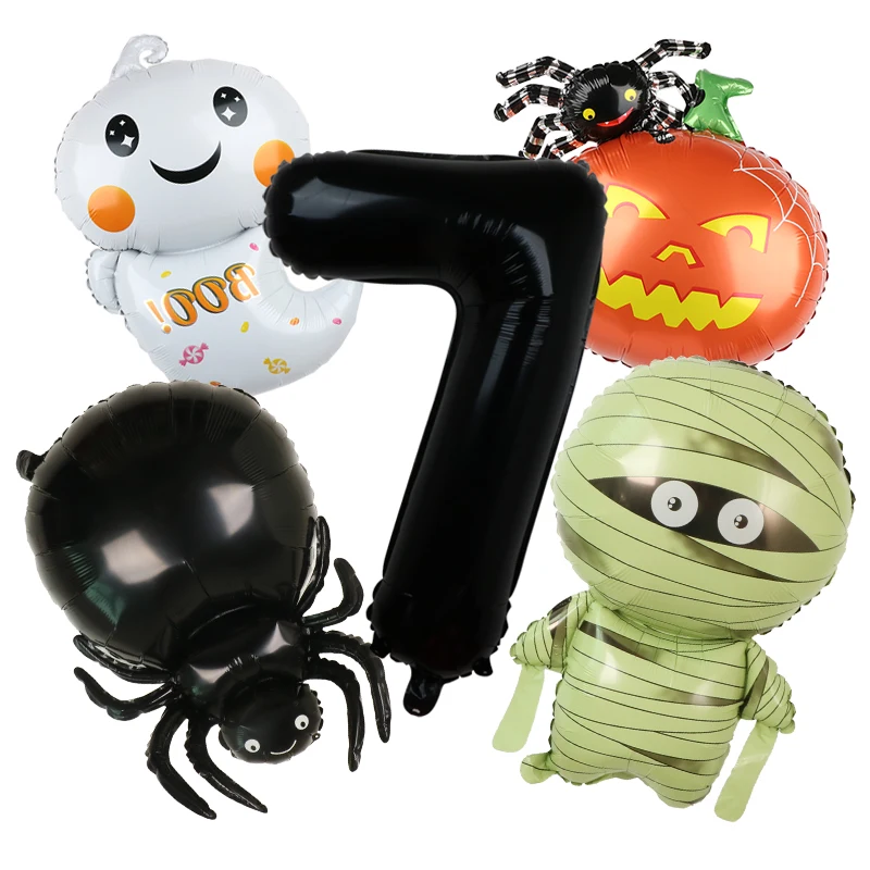 5PCS Halloween BOO Mummy Spider Pumpkin Balloon Set With 32inch Black Number Boys Birthday Party Baby Shower Helium Balloon