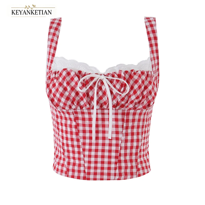 KEYANKETIAN 2026 Red White Gingham Crop Cami Top Square Neck Lace Trim Front Bow Back Smocked Slim Summer Vacation Camisole