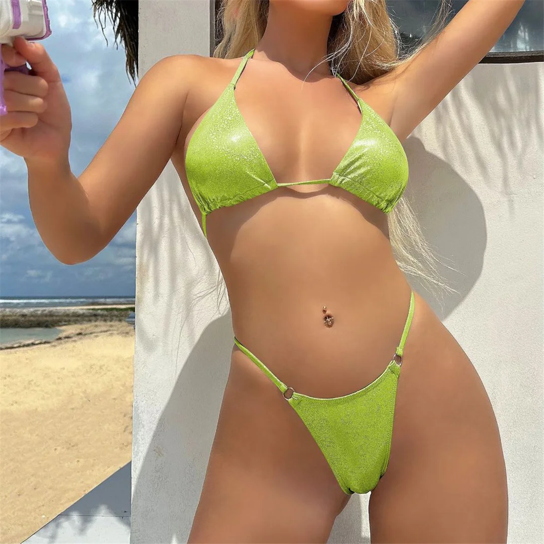 Glitzernder, funkelnder, hoch geschnittener Neckholder-Bikini, Damen-Badeanzug, zweiteiliger Bikini-Set, Badebekleidung, Badeanzug, Schwimmanzug V5102S – Detail 39