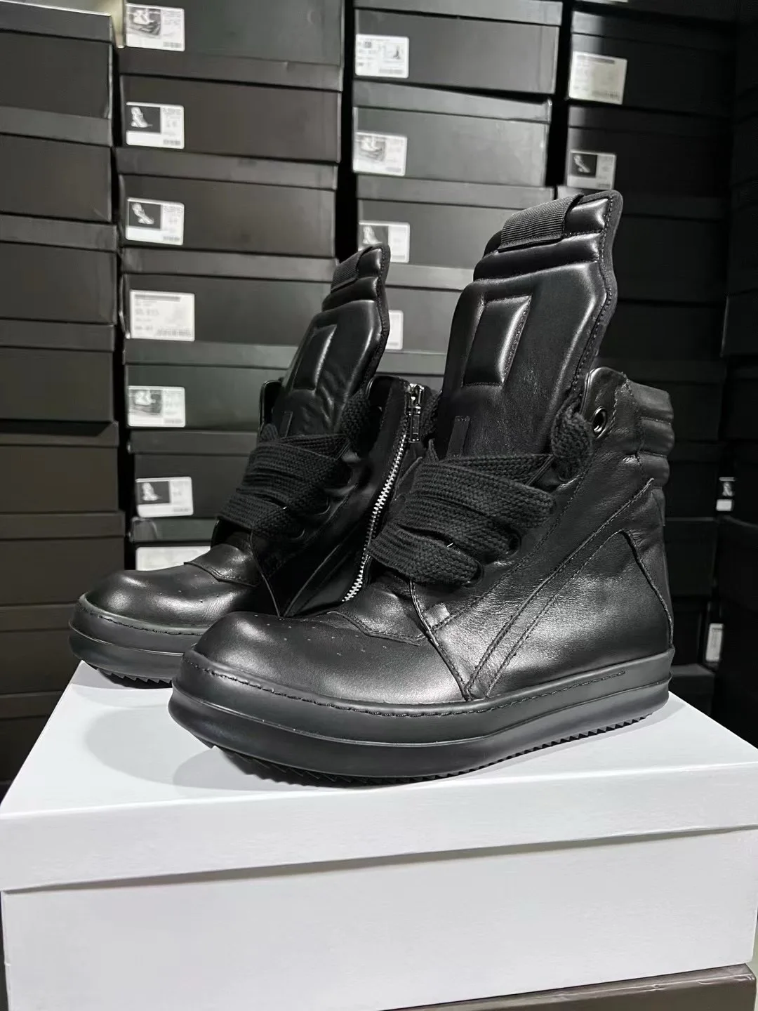 

Ricks Genious Black Leather Jumbo Lace High Top Geobasket Owens Quality Men Shoe Women Sneaker Casual Owens Design boots & Shoes