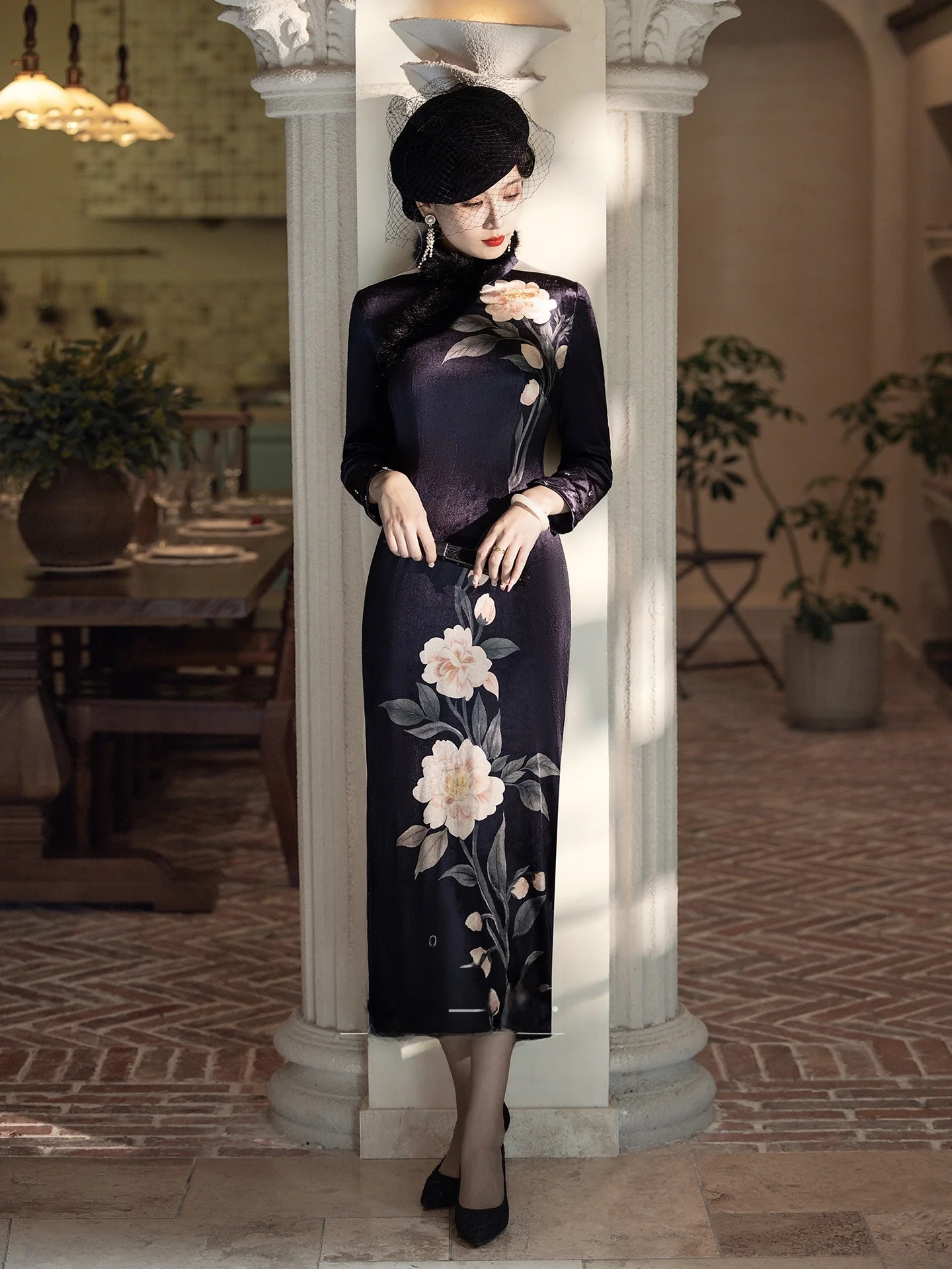 

Young Sle Long Sve Qipao Dr Bla Autumn Winter Vintage Ele Evening ow off Stage Fem Model High End Feeling