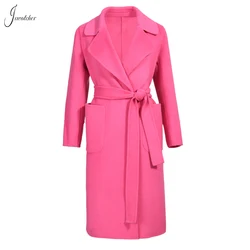 Jxwatcher Women Cashmere Coat High End Elegance Double Faced Wool Long Trench Coat with Belt Pocket Full Sleevs Soild Color New