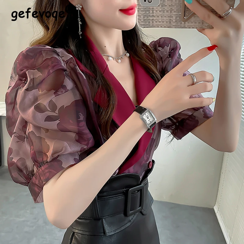 Women Vintage Korean Fashion Notched Collar Print Shirts Office Lady Elegant Commute Blouses Female Chic Short Sleeve Loose Tops