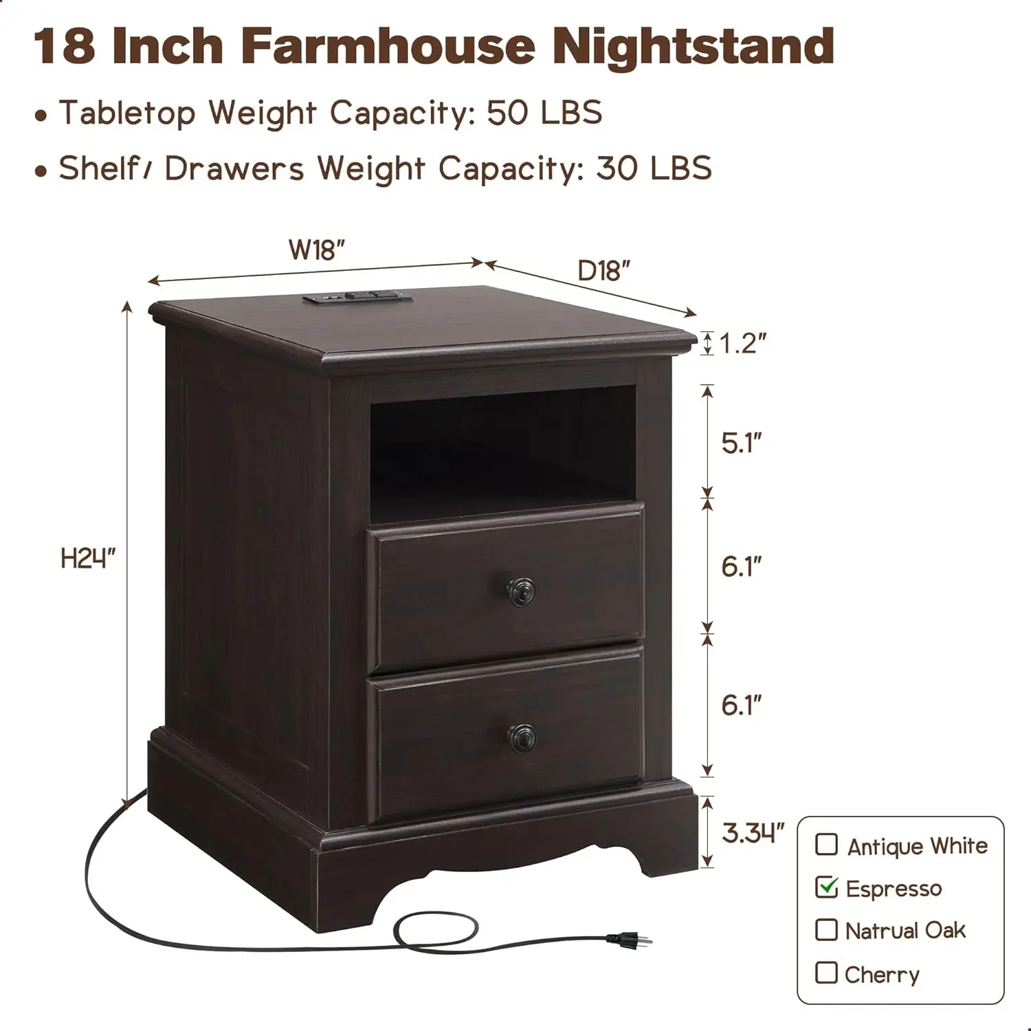 with Charging Station, 18 Inch Vintage End Table with 2 Drawers for Living Room, Wood Rustic Sofa Side Table with Open Storage S