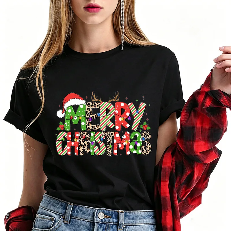 Merry Christmas Leopard Santa Hat Antler Holly Art Print Graphic Womens T Shirt Short Sleeve Crew Neck Casual Ladies Tee Tops