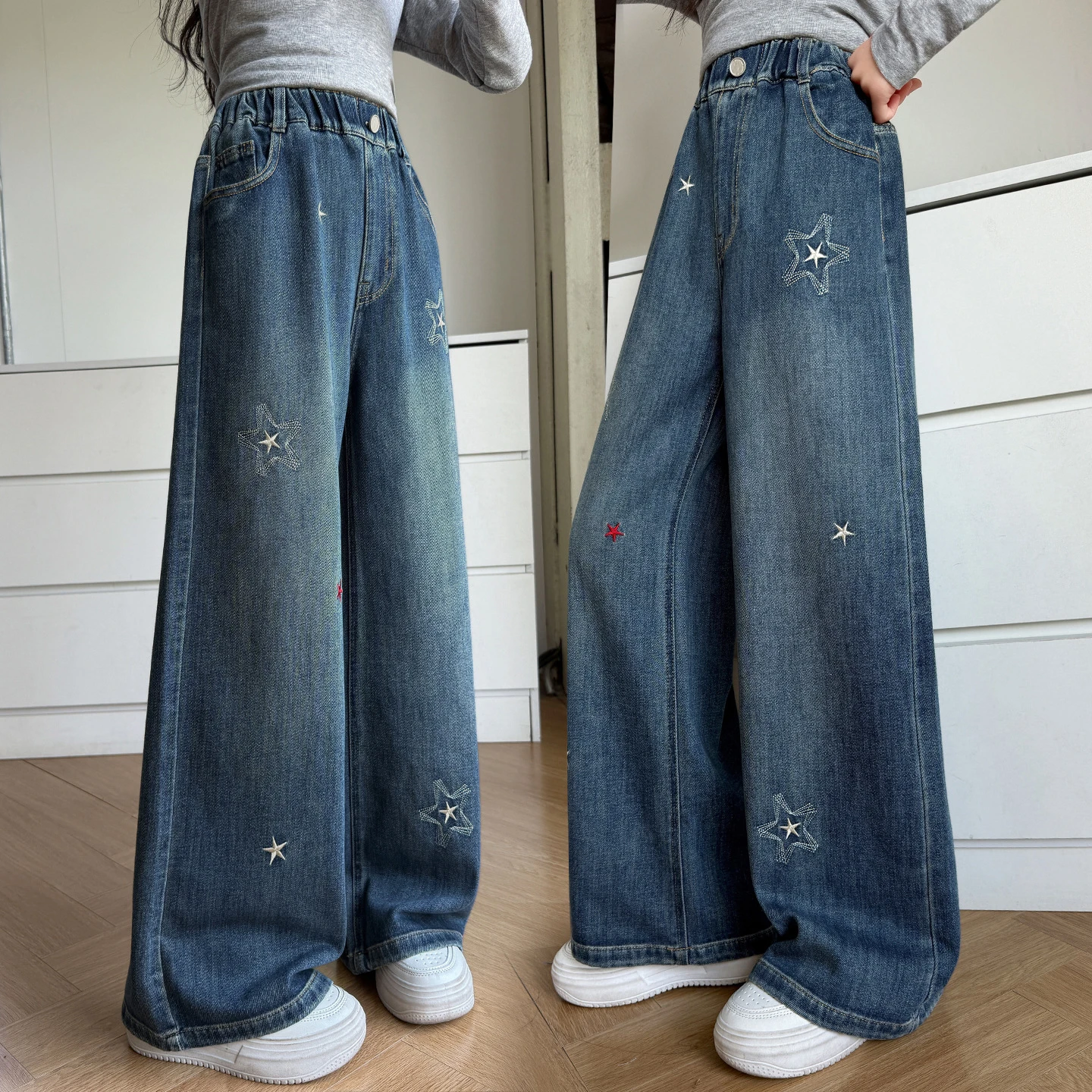Teenagers Girls Jeans Pentagram Embroidery Children Trousers Autumn Girls Denim Wide Leg Pants 5-14 Years New Kids Clothes