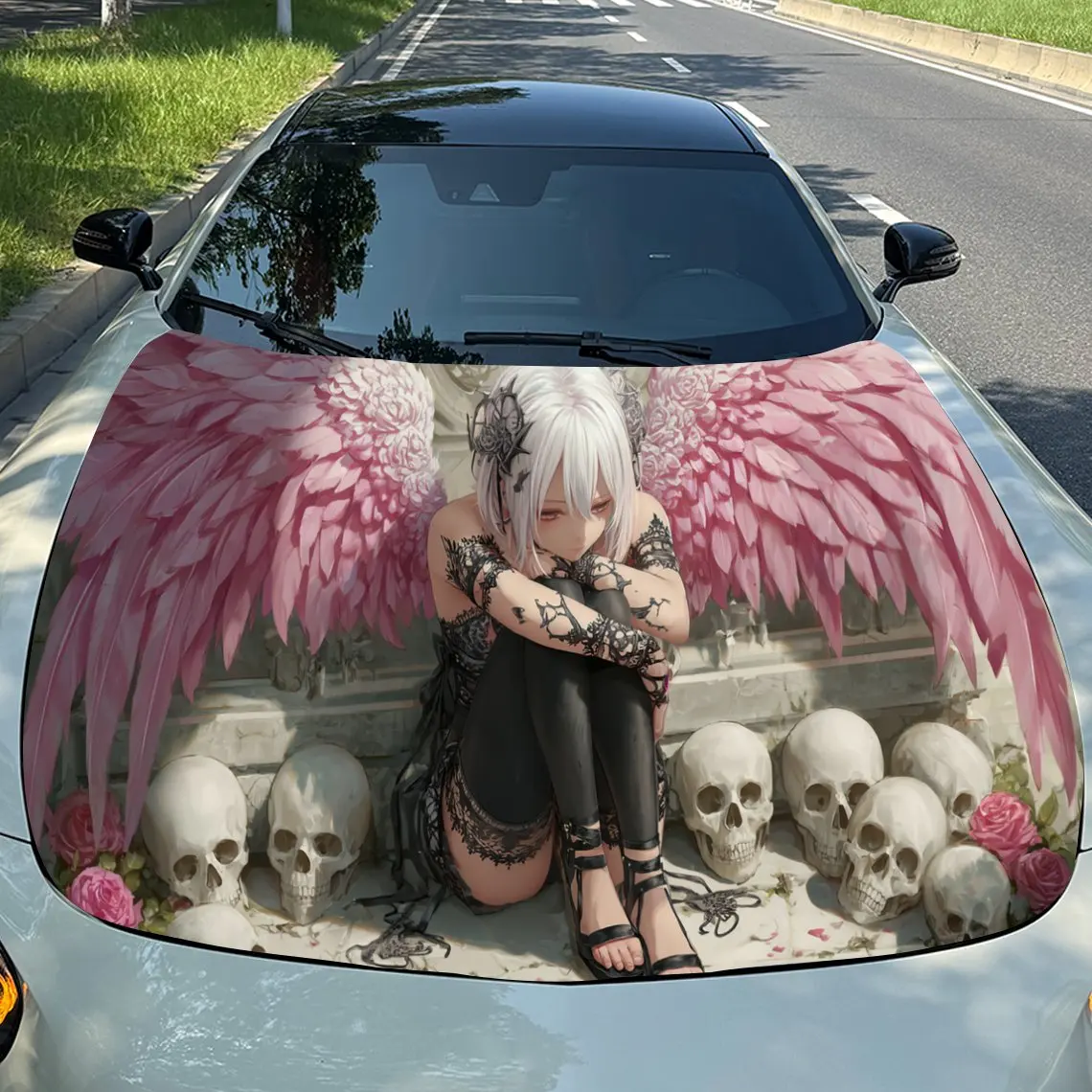 

Gothic Dark Pink Wings Angel Girl Skull PVC Car Engine Hood Vinyl Wraps, Self-Adhesive Waterproof Car Hood Decal Sticker, Car De